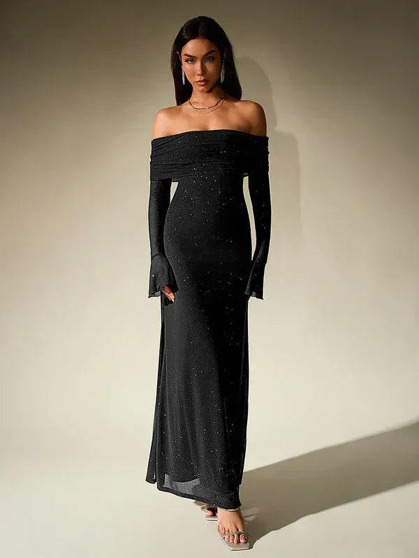 Elegant Off-Shoulder Long Sleeve Maxi Evening Gown - view 5