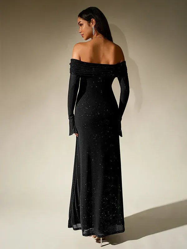 Elegant Off-Shoulder Long Sleeve Maxi Evening Gown - view 6