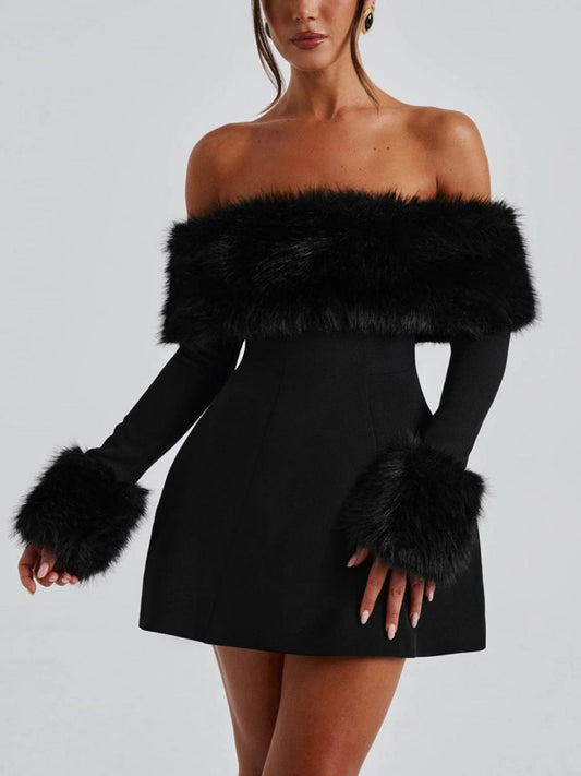 Mini Dress with Faux Fur Trim Detail - view 2