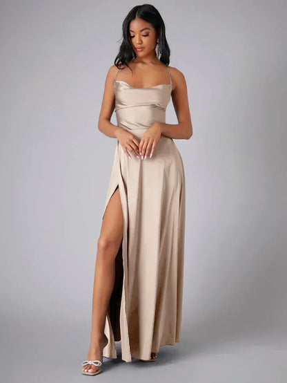 Satin Backless Maxi Dress with Cowl Neck and Side Slit - view 3