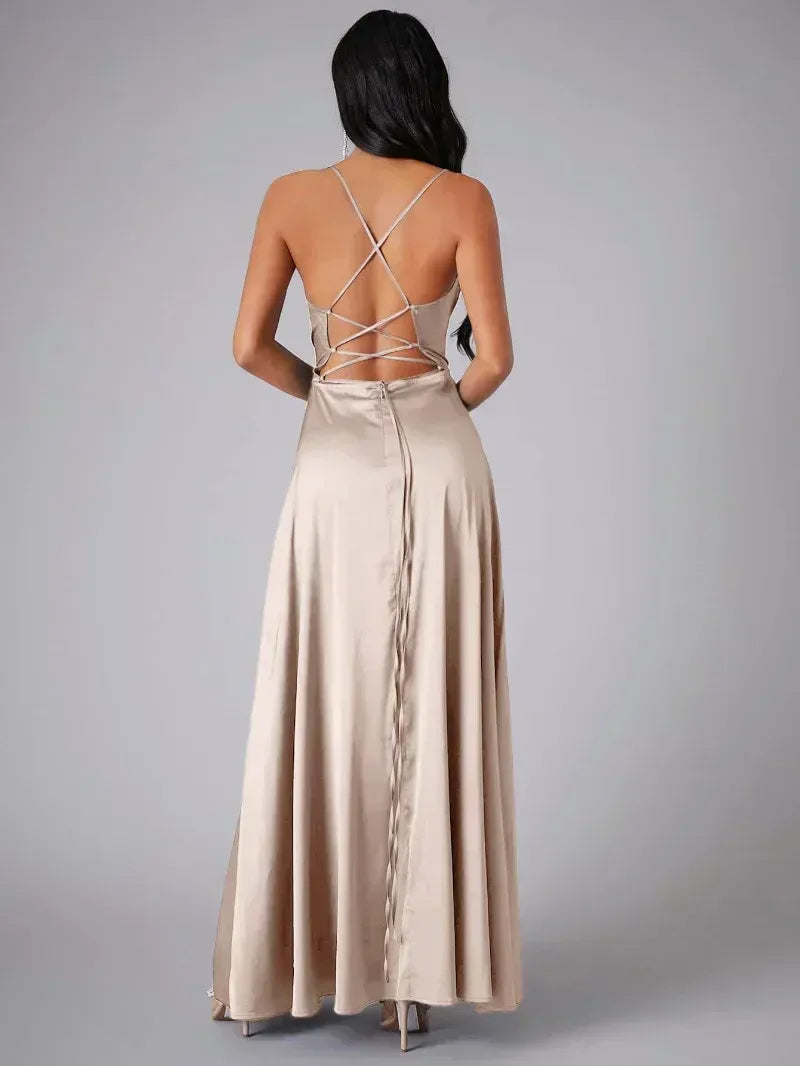 Satin Backless Maxi Dress with Cowl Neck and Side Slit - view 4