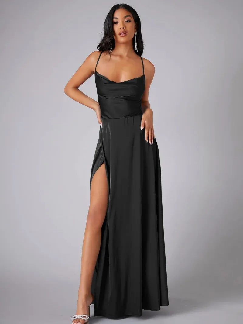 Satin Backless Maxi Dress with Cowl Neck and Side Slit - view 2