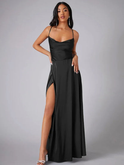 Satin Backless Maxi Dress with Cowl Neck and Side Slit - view 2