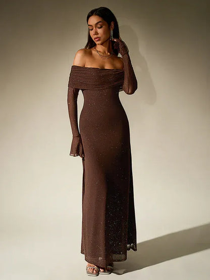 Elegant Off-Shoulder Long Sleeve Maxi Evening Gown