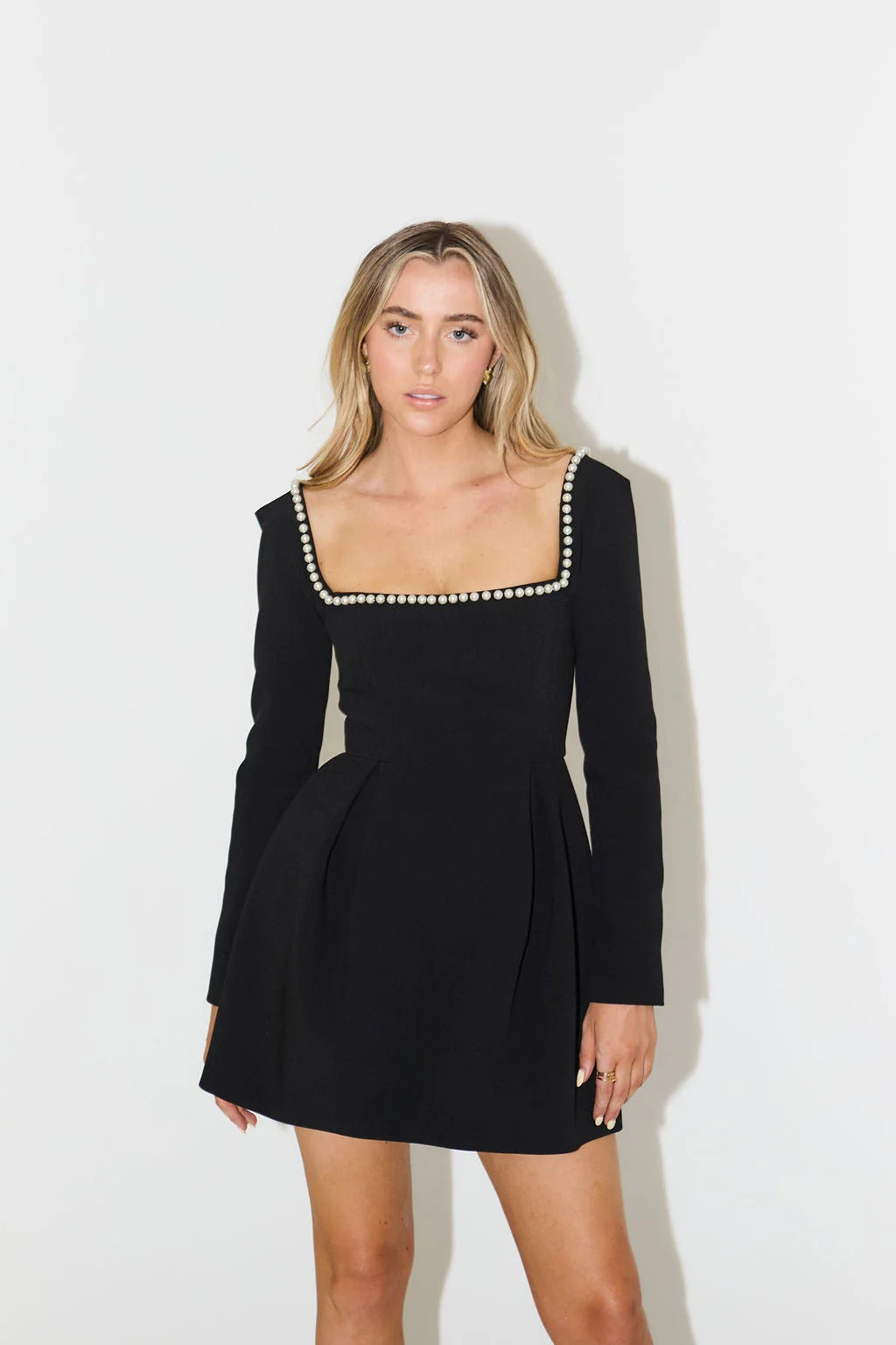Pearl Trim Long Sleeve Mini Dress