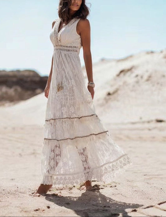 Sleeveless V-Neck Boho Lace Maxi Dress for Effortless Elegance - view 2