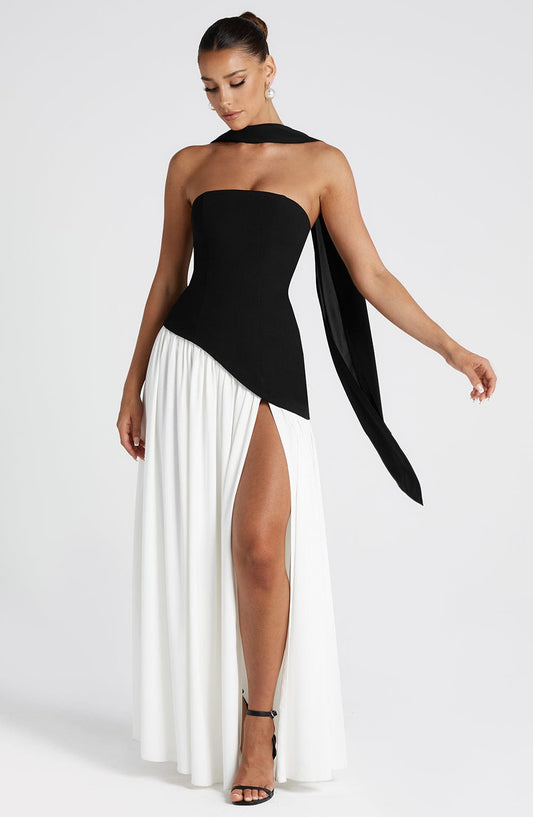 Strapless Maxi Dress with High Slit and Asymmetric Waist Design - view 2