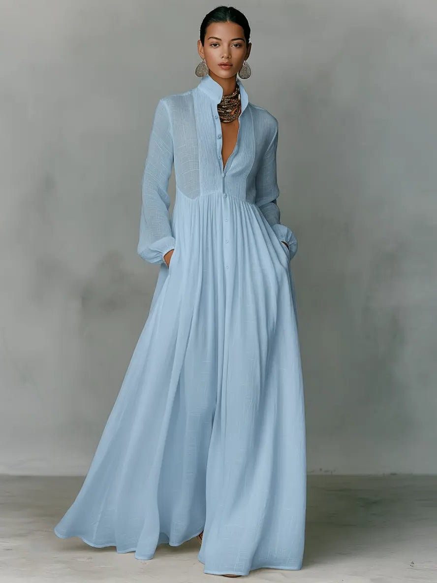 Chic Long Sleeve Maxi Shirt Dress with Pockets - view 6
