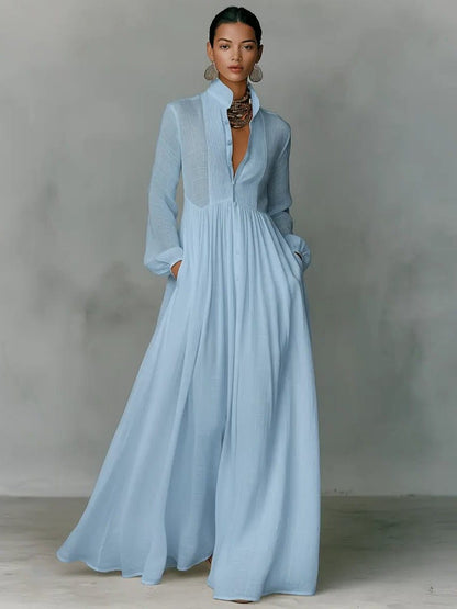 Chic Long Sleeve Maxi Shirt Dress with Pockets - view 6