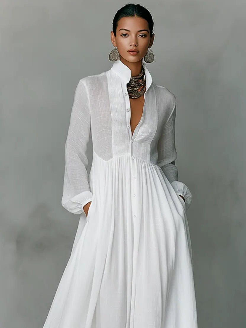 Chic Long Sleeve Maxi Shirt Dress with Pockets - view 3