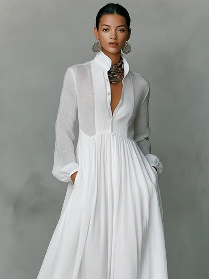 Chic Long Sleeve Maxi Shirt Dress with Pockets - view 3
